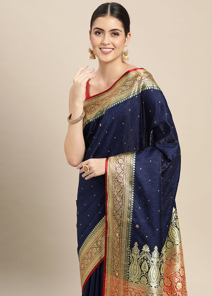 Navy Blue Dupion Silk Saree With Blouse Piece