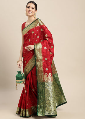 Red Dupion Silk Saree With Blouse Piece