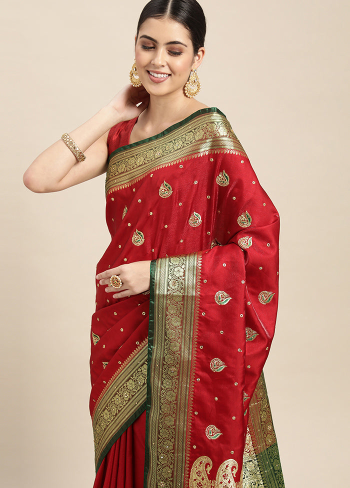 Red Dupion Silk Saree With Blouse Piece