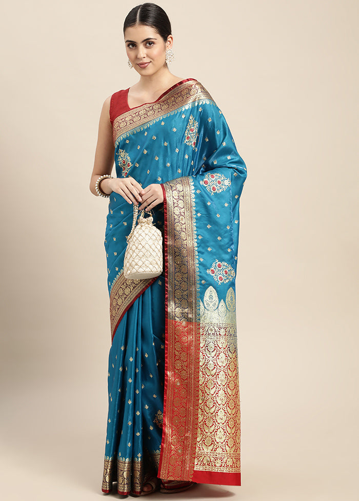 Blue Dupion Silk Saree With Blouse Piece