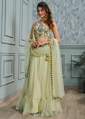 3 Pc Pista Green Net Readymade Lehenga Set