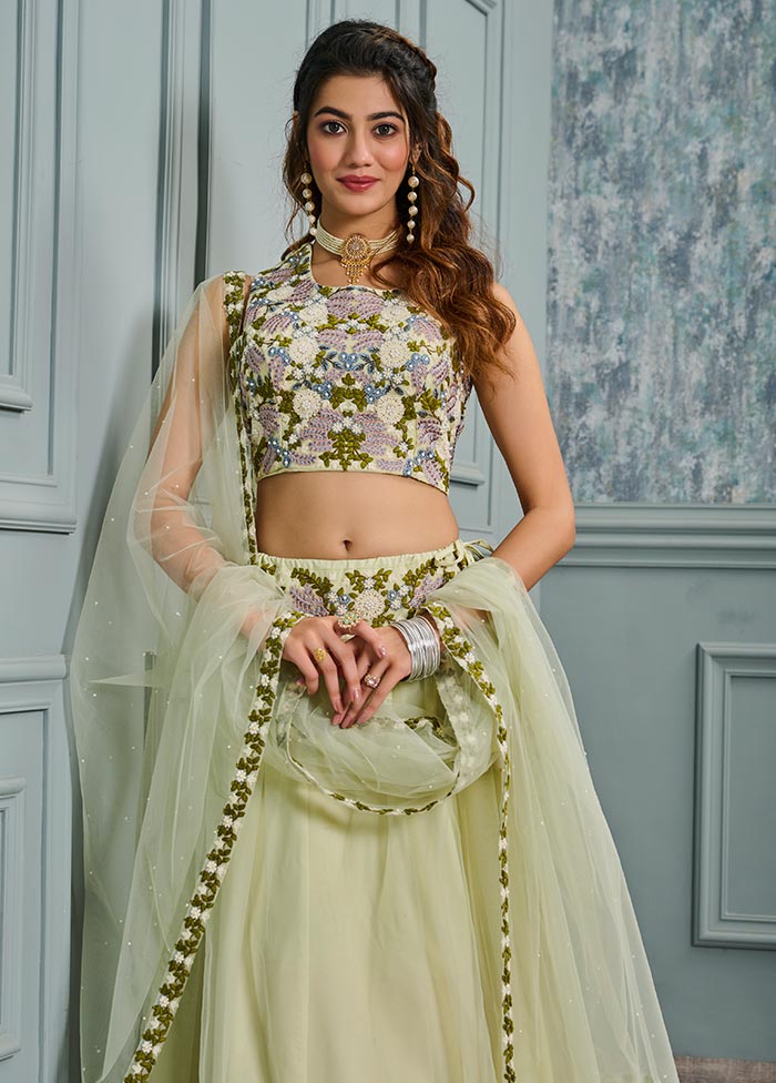 3 Pc Pista Green Net Readymade Lehenga Set