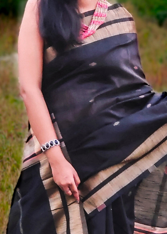 Black Spun Silk Saree With Blouse Piece