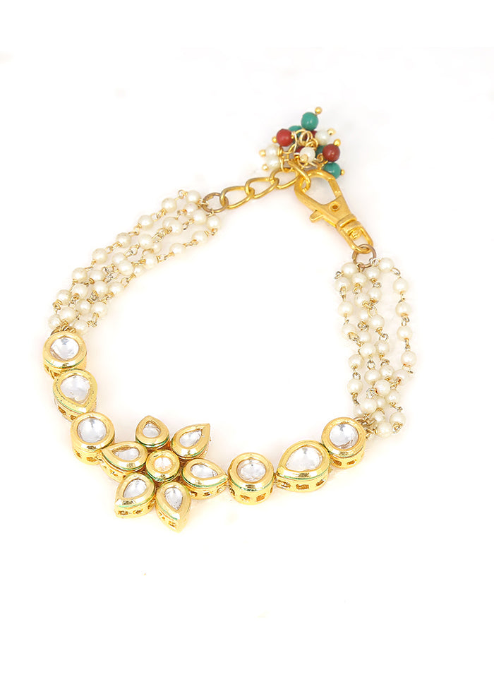 Floral Kundan Gold Tone Bracelet With Multicolor Beads