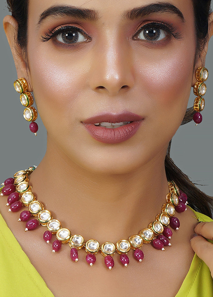 Dark Pink Gold Tone Kundan Necklace With Earrings