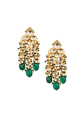 Green And Pearl Beaded Tassle Earrings