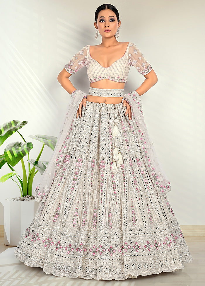 3 Pc Pink Net Semi Stitched Lehenga Set