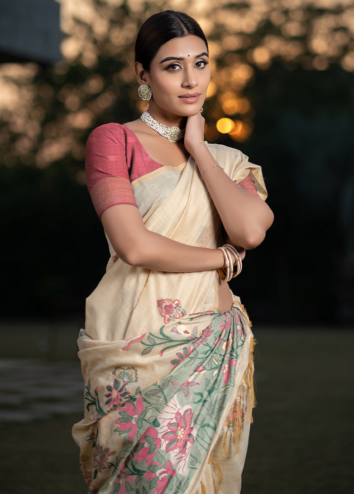 Cream Dupion Silk Saree With Blouse Piece