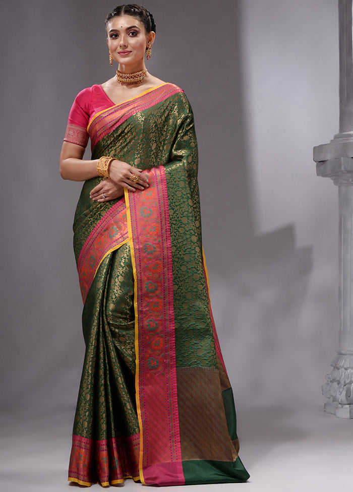 Green Spun Silk Saree With Blouse Piece