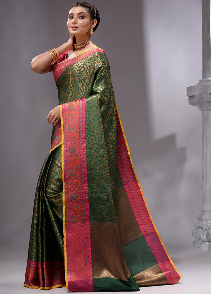 Green Spun Silk Saree With Blouse Piece