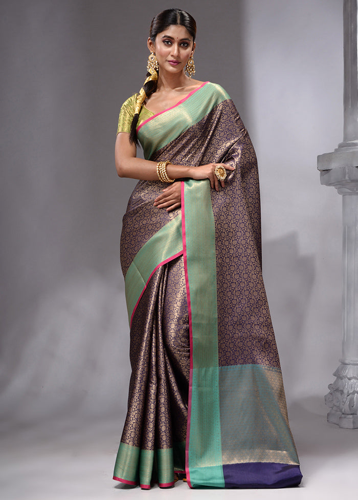 Navy Blue Spun Silk Saree With Blouse Piece