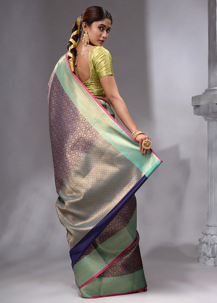 Navy Blue Spun Silk Saree With Blouse Piece