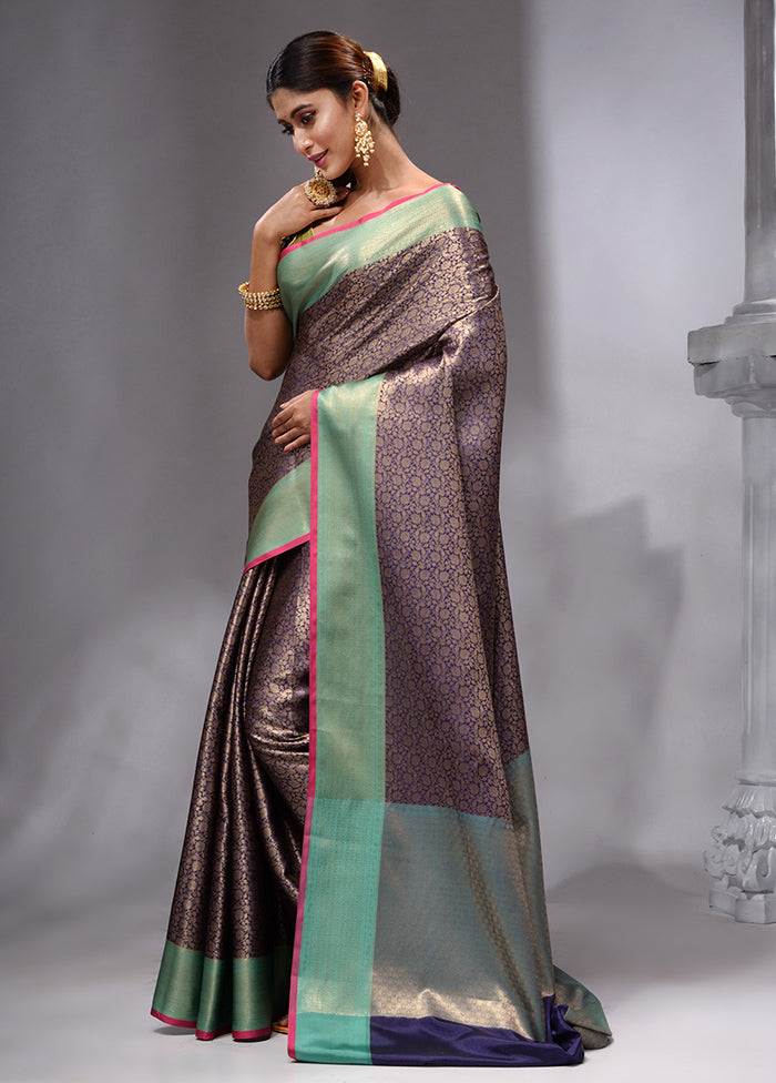 Navy Blue Spun Silk Saree With Blouse Piece