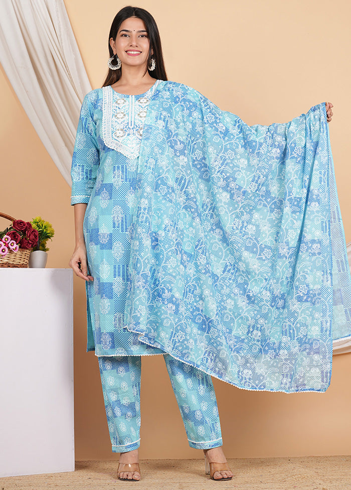 3 Pc Sky Blue Readymade Cotton Suit Set