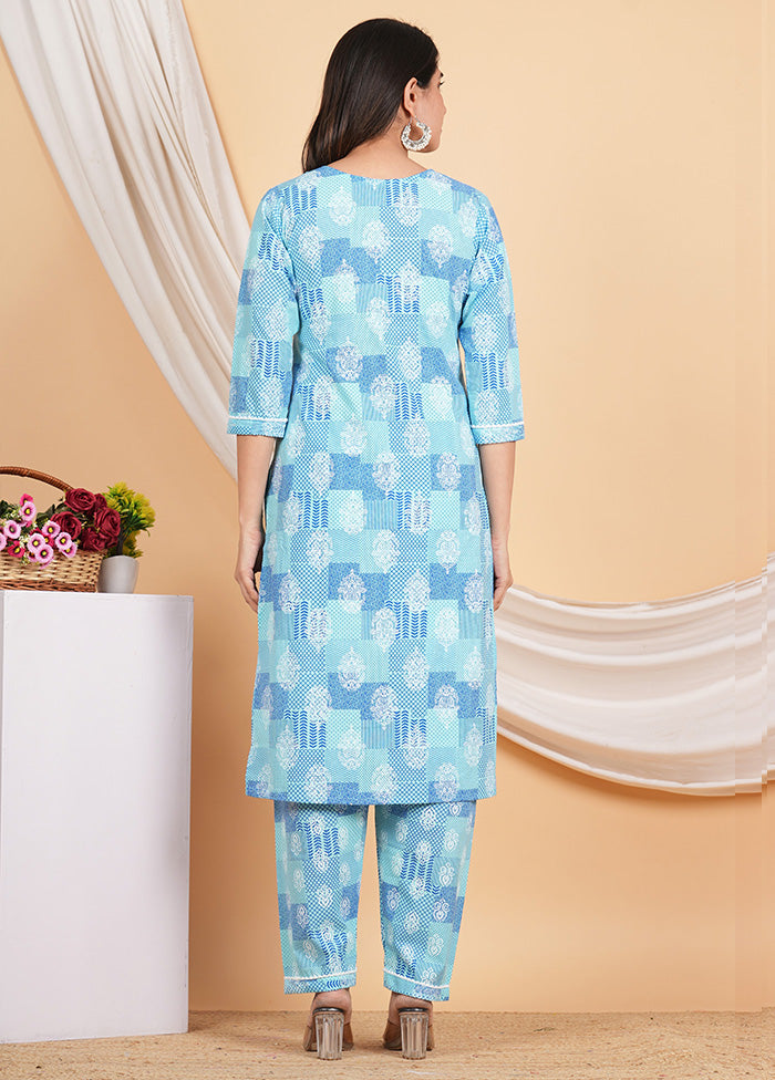 3 Pc Sky Blue Readymade Cotton Suit Set