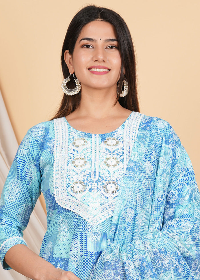 3 Pc Sky Blue Readymade Cotton Suit Set