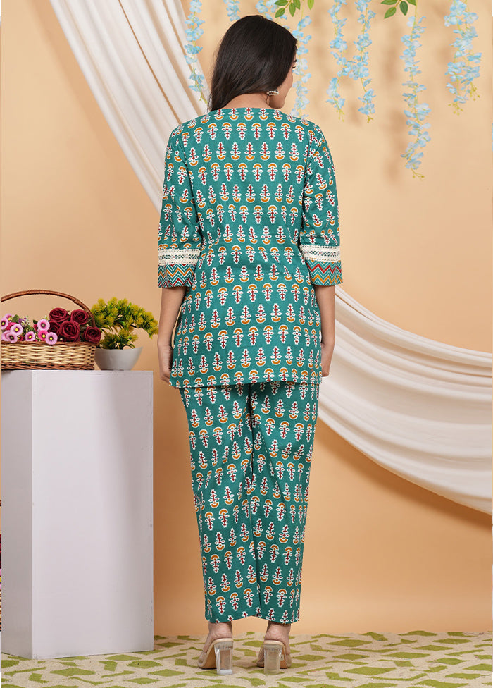 2 Pc Teal Pure Readymade Cotton Kurti Set