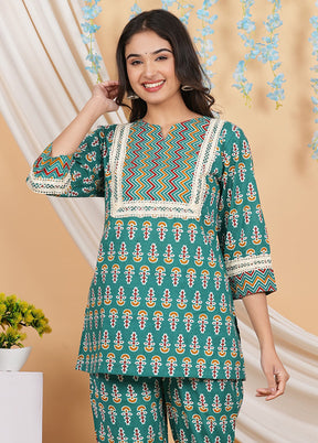 2 Pc Teal Pure Readymade Cotton Kurti Set