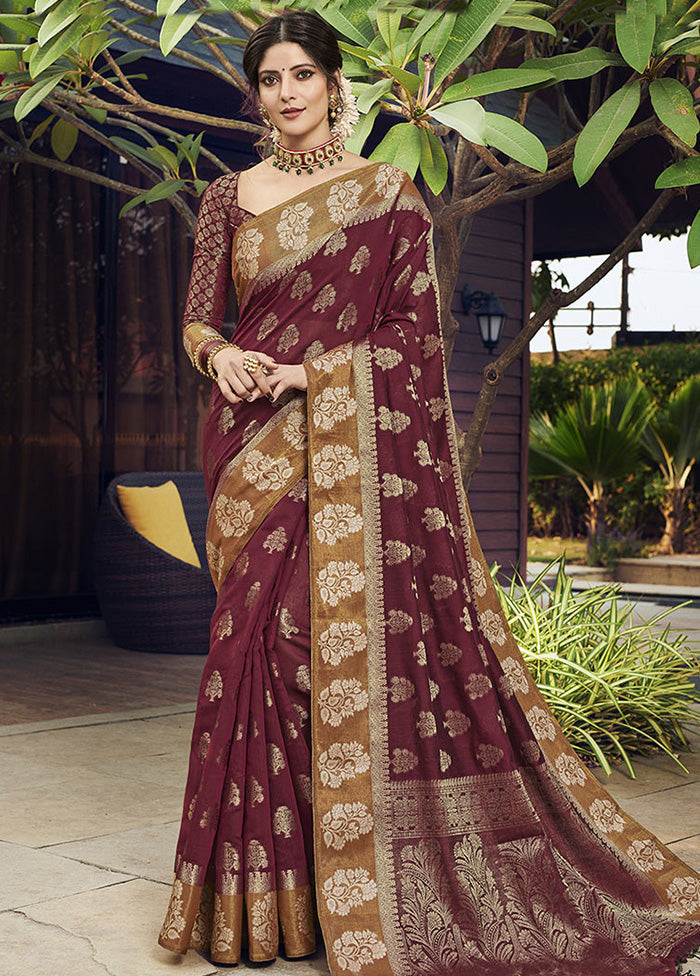 Maroon Spun Silk Saree With Blouse Piece