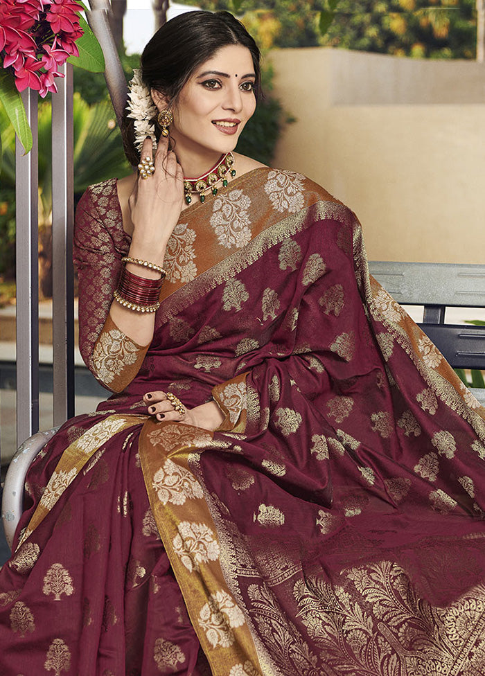 Maroon Spun Silk Saree With Blouse Piece