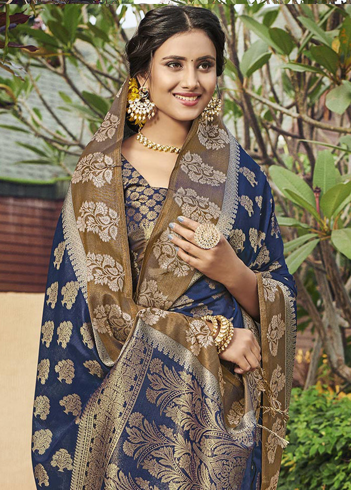 Navy Blue Spun Silk Saree With Blouse Piece