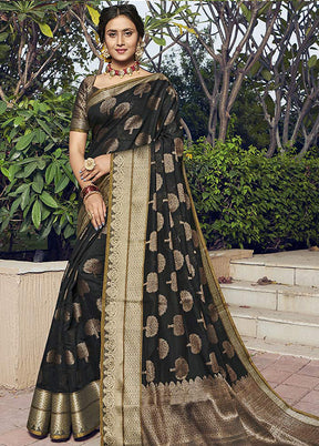 Black Spun Silk Saree With Blouse Piece