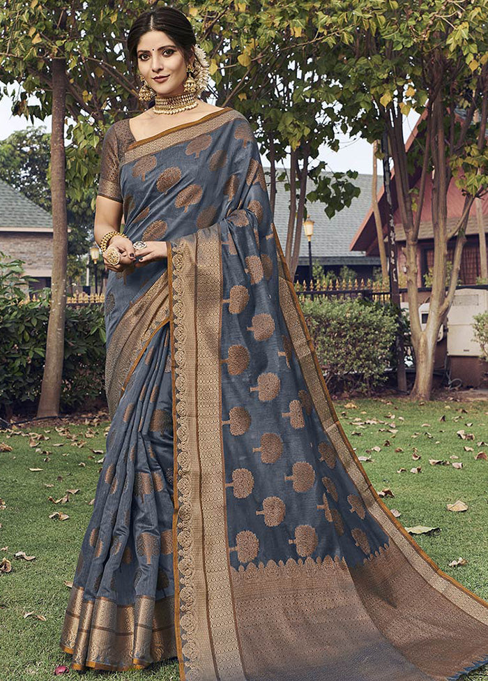 Grey Spun Silk Saree With Blouse Piece