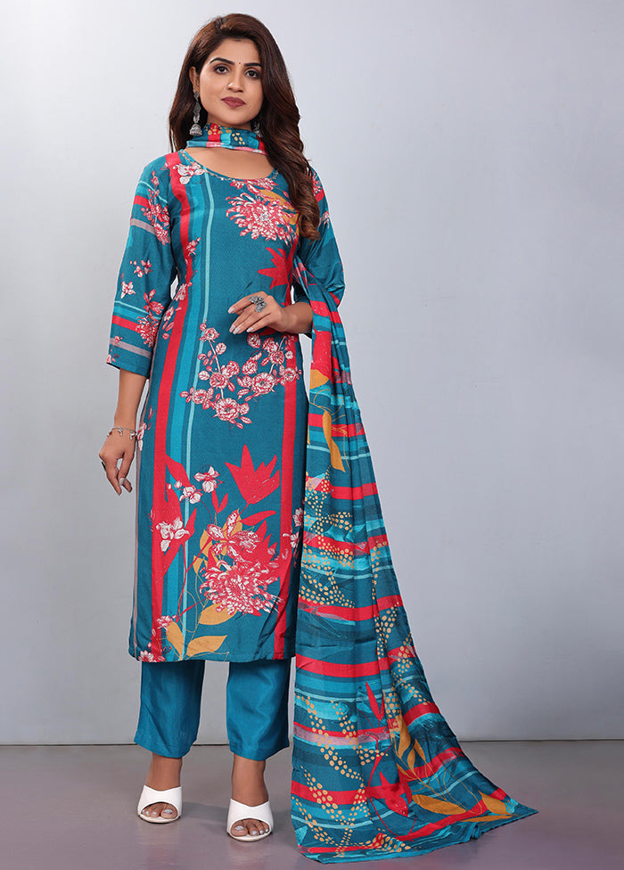 3 Pc Blue Readymade Silk Suit Set