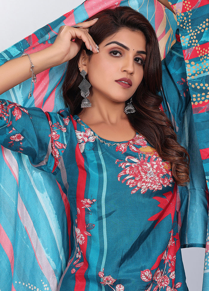 3 Pc Blue Readymade Silk Suit Set