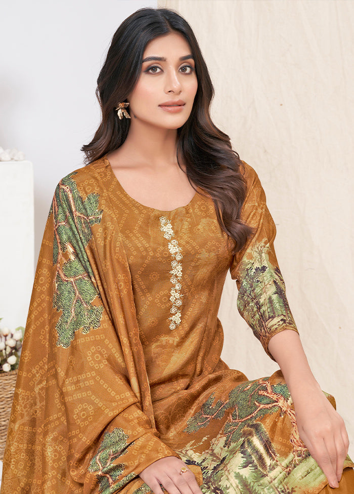 3 Pc Brown Readymade Silk Suit Set