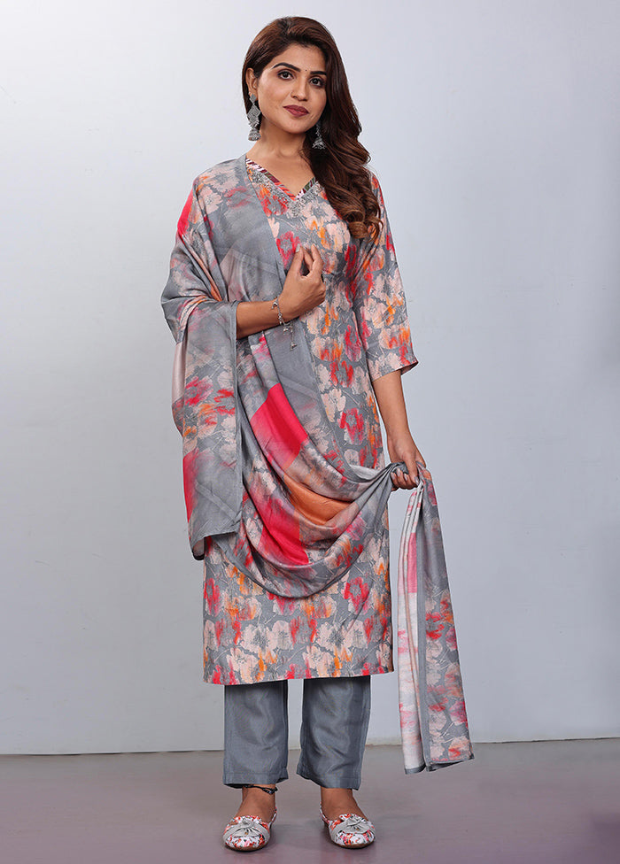 3 Pc Grey Readymade Silk Suit Set