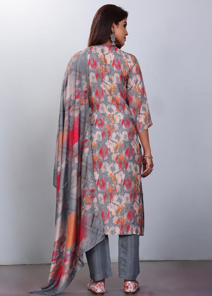 3 Pc Grey Readymade Silk Suit Set