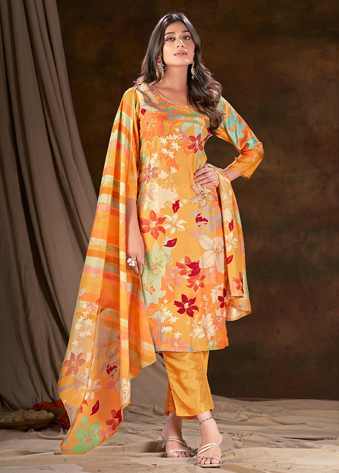 3 Pc Yellow Readymade Silk Suit Set