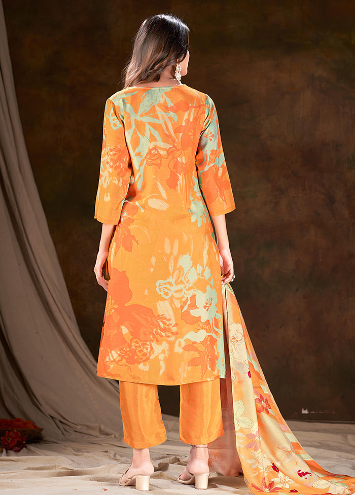 3 Pc Yellow Readymade Silk Suit Set