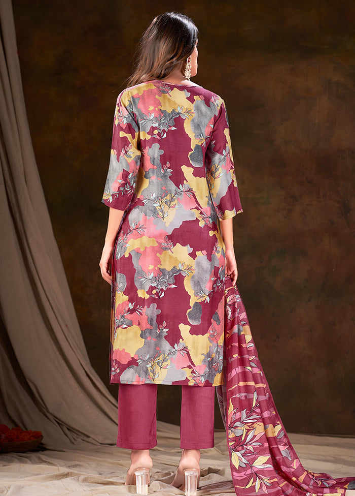 3 Pc Wine Readymade Silk Suit Set