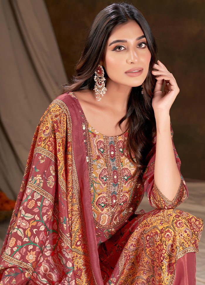 3 Pc Maroon Readymade Silk Suit Set