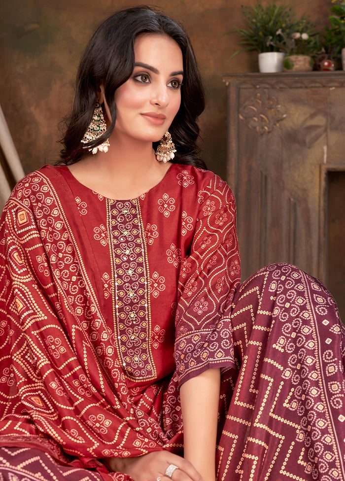 3 Pc Red Readymade Silk Suit Set