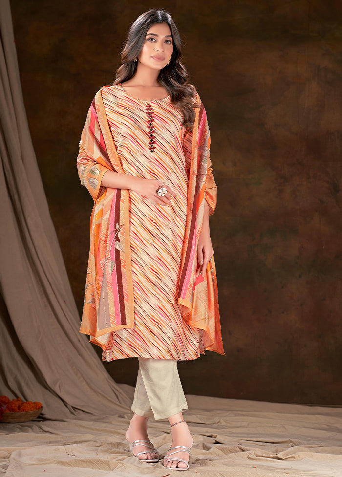 3 Pc Cream Readymade Silk Suit Set