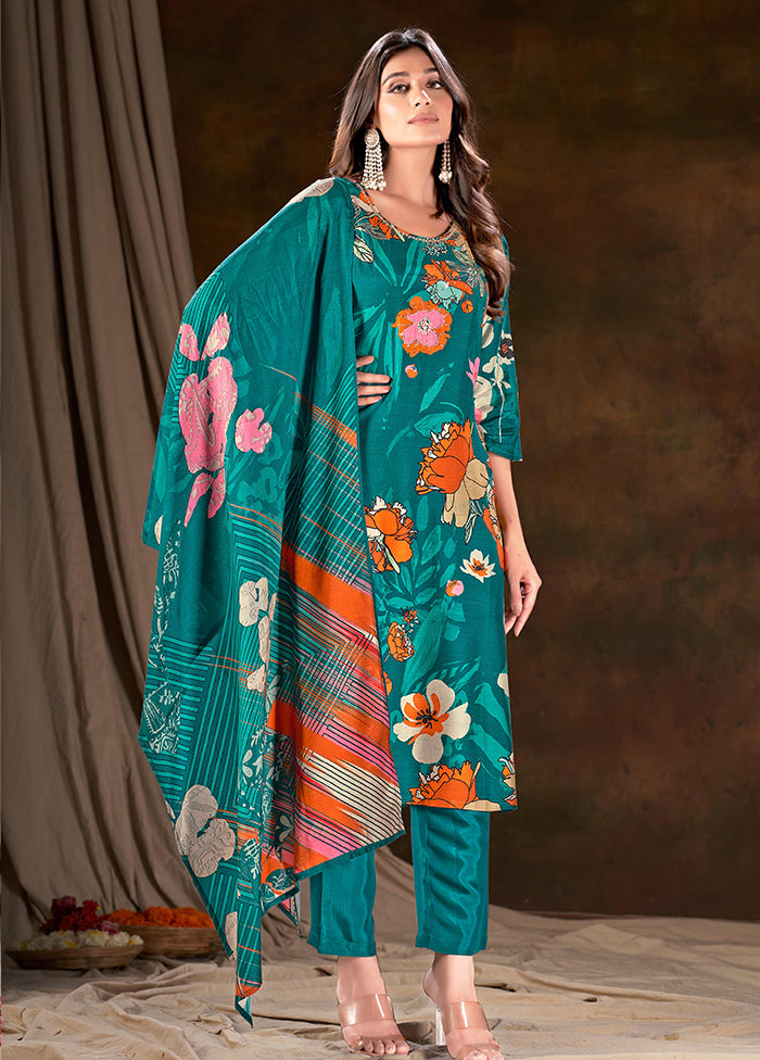 3 Pc Teal Readymade Silk Suit Set