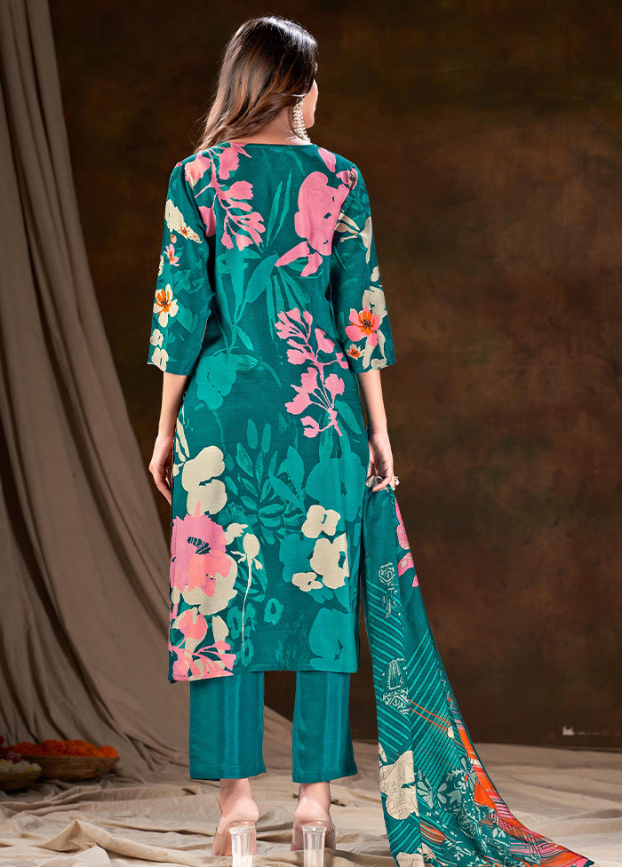 3 Pc Teal Readymade Silk Suit Set