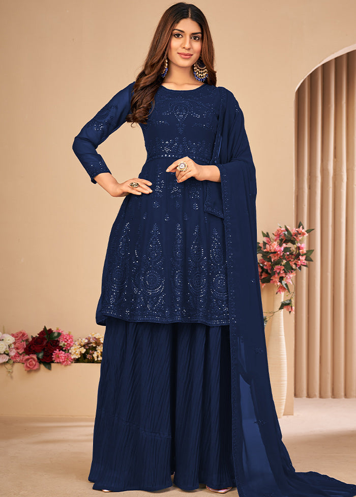 3 Pc Blue Unstitched Georgett Suit Set With Dupatta