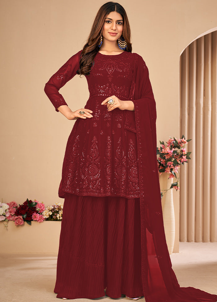 3 Pc Maroon Unstitched Georgett Suit Set With Dupatta