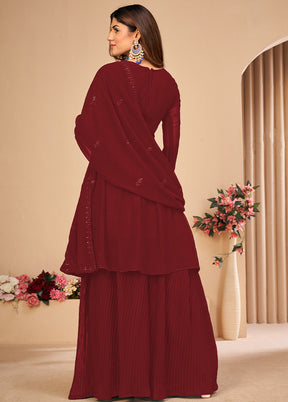 3 Pc Maroon Unstitched Georgett Suit Set With Dupatta