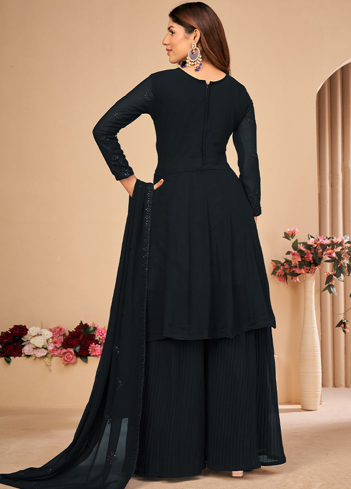 3 Pc Black Unstitched Georgett Suit Set With Dupatta