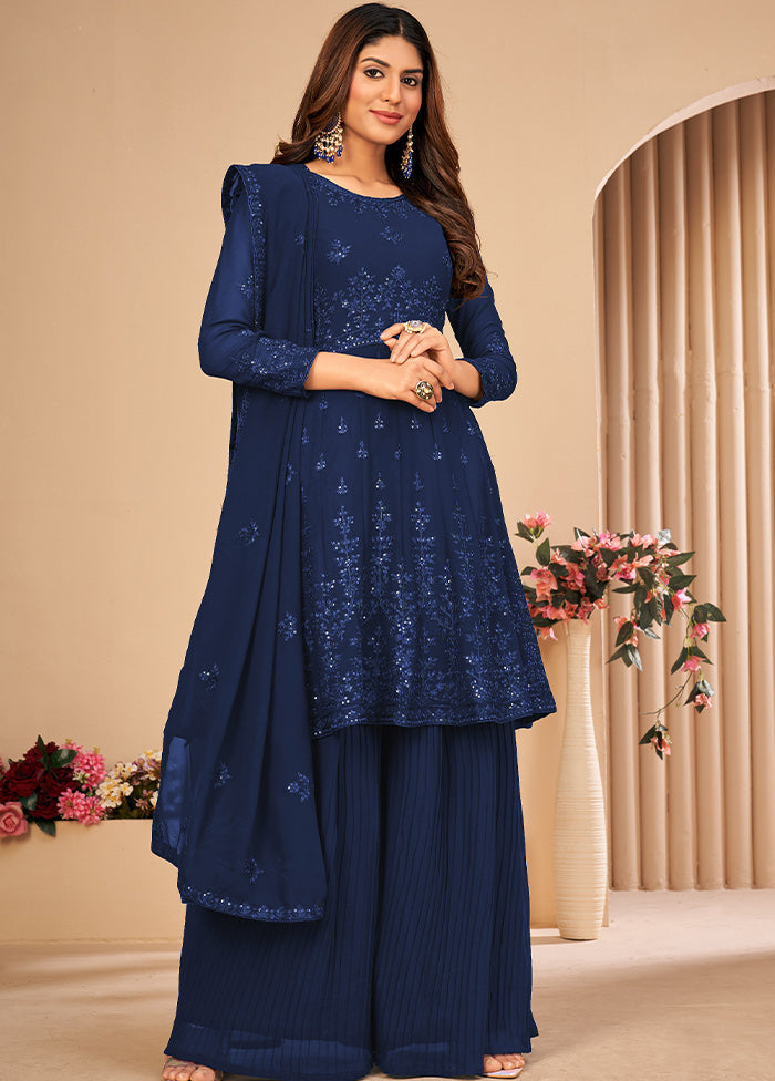 3 Pc Blue Unstitched Georgett Suit Set With Dupatta