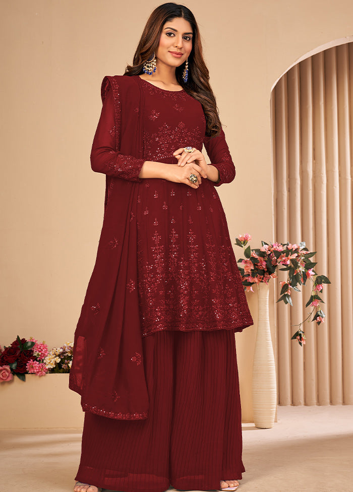 3 Pc Maroon Unstitched Georgett Suit Set With Dupatta