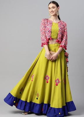 3 Pc Parrot Green Crepe Semi Stitched Lehenga Set