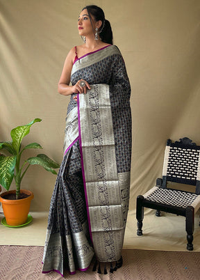 Black Dupion Silk Zari Work Saree With Blouse