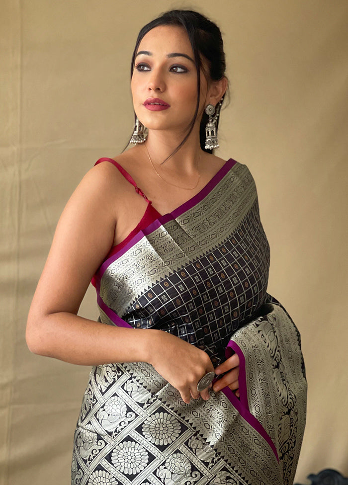 Black Dupion Silk Zari Work Saree With Blouse