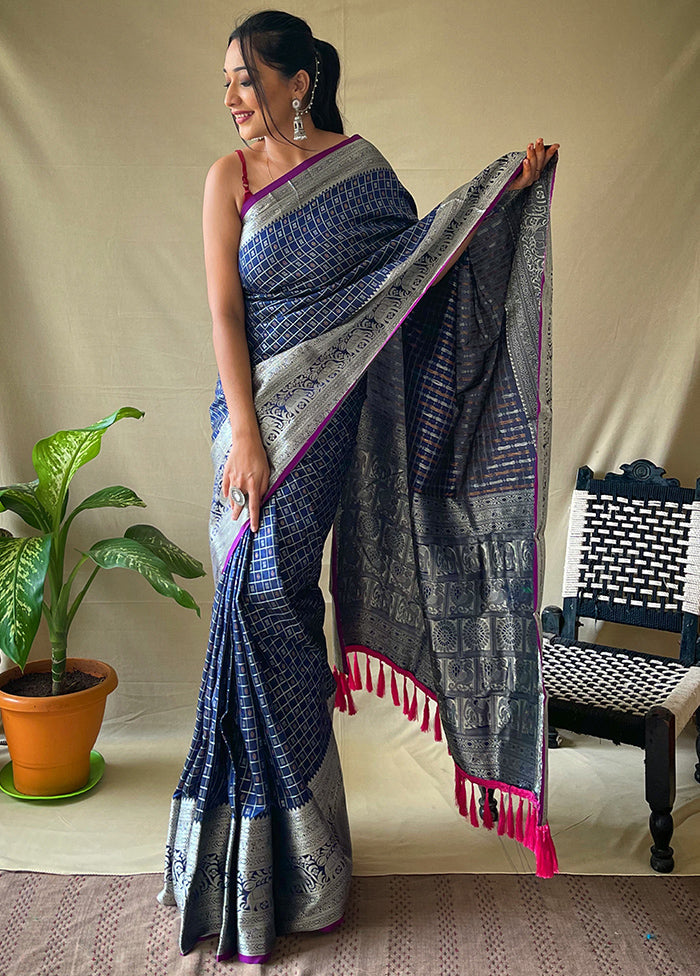 Navy Blue Dupion Silk Zari Work Saree With Blouse